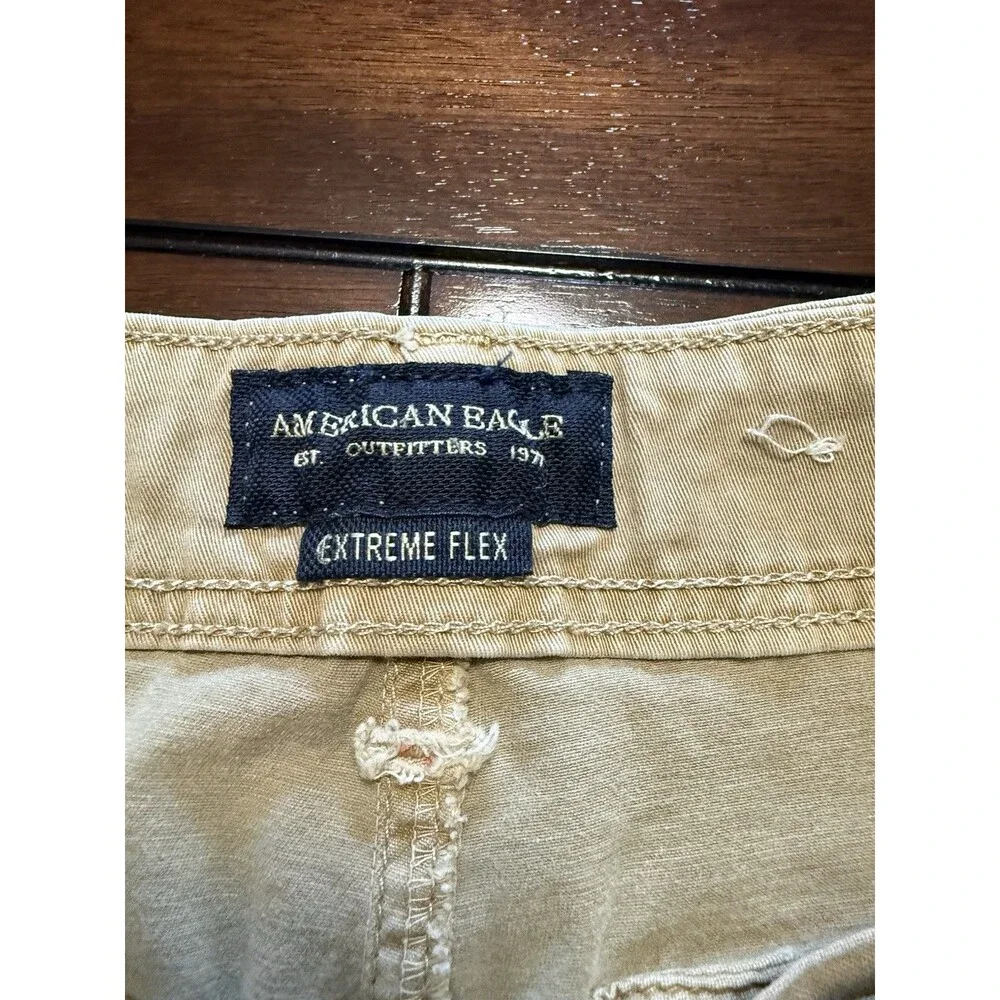 🔥American Eagle Cargo Shorts Mens 30 Khaki Beige Longer Length Y2K Extreme Flex